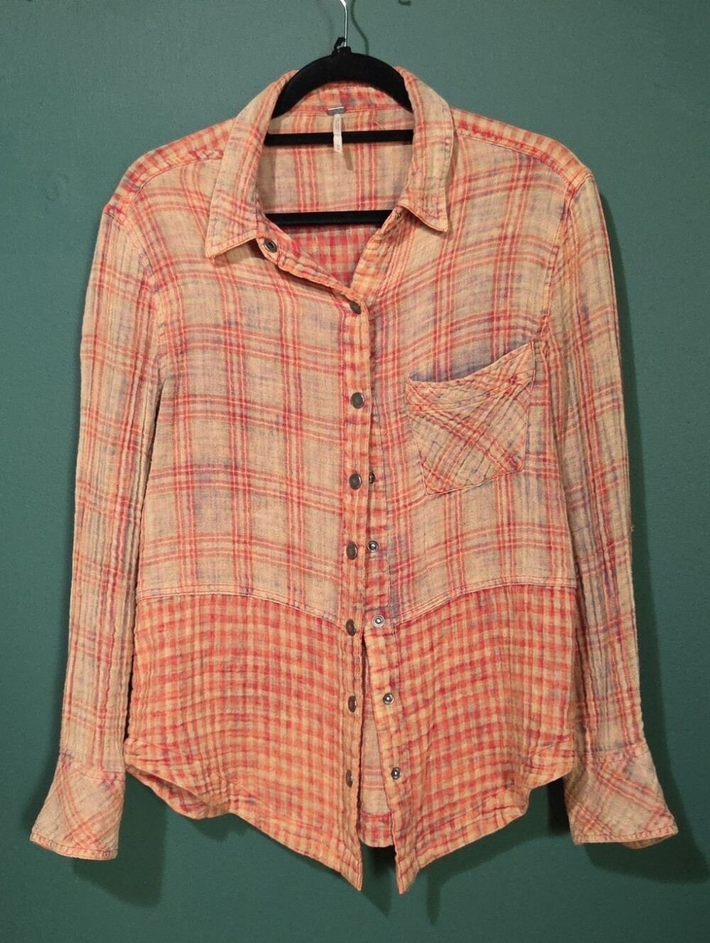 Free People Gauze Plaid Snap Button Down Sz M